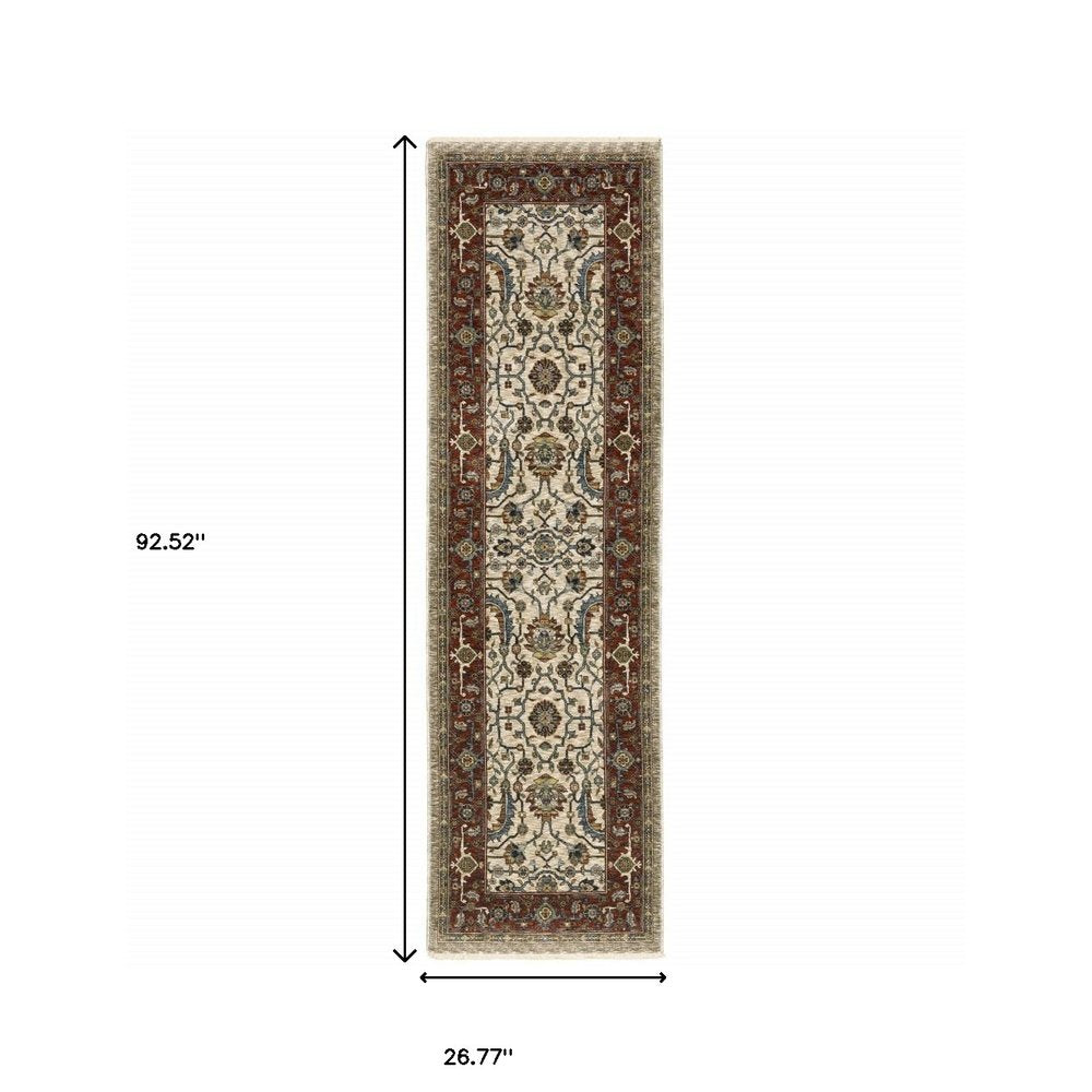 2' X 3' Ivory Red Green Grey Blue And Navy Oriental Power Loom Stain Resistant Area Rug With Fringe
