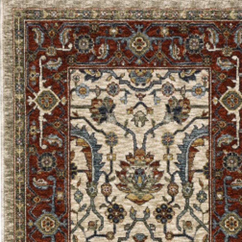 2' X 3' Ivory Red Green Grey Blue And Navy Oriental Power Loom Stain Resistant Area Rug With Fringe