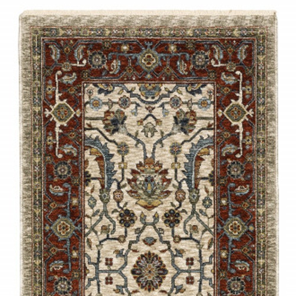 2' X 3' Ivory Red Green Grey Blue And Navy Oriental Power Loom Stain Resistant Area Rug With Fringe