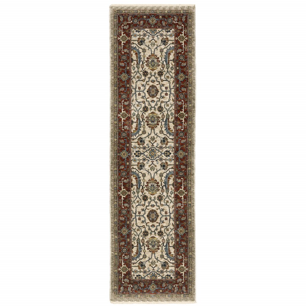 2' X 3' Ivory Red Green Grey Blue And Navy Oriental Power Loom Stain Resistant Area Rug With Fringe