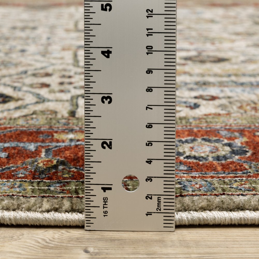 2' X 3' Ivory Red Green Grey Blue And Navy Oriental Power Loom Stain Resistant Area Rug With Fringe