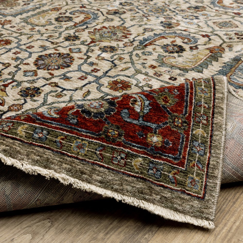 2' X 3' Ivory Red Green Grey Blue And Navy Oriental Power Loom Stain Resistant Area Rug With Fringe