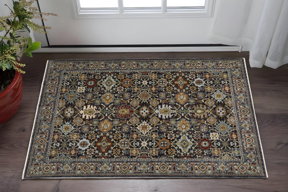 2' X 3' Blue Red Beige Orange Green And Rust Oriental Power Loom Stain Resistant Area Rug With Fringe