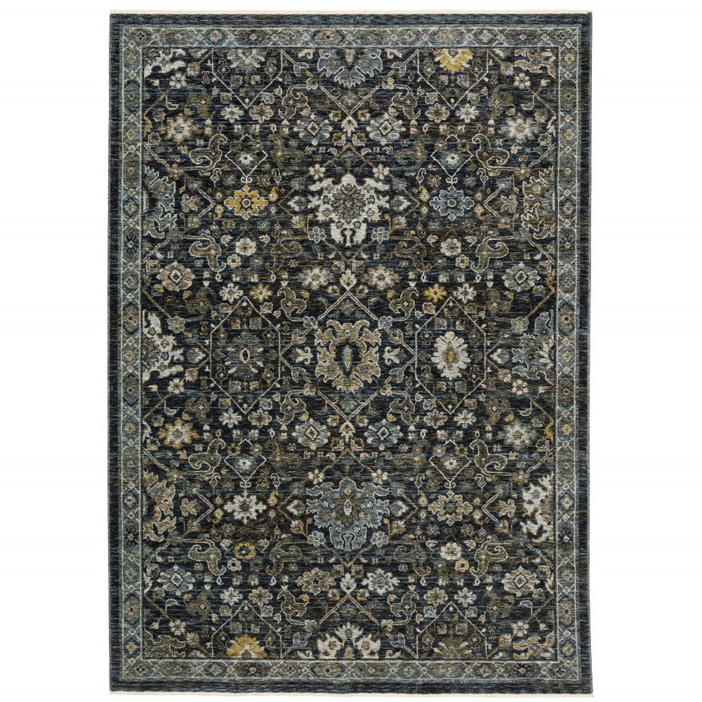 5' X 8' Blue Ivory Grey Gold Green And Brown Oriental Power Loom Stain Resistant Area Rug With Fringe