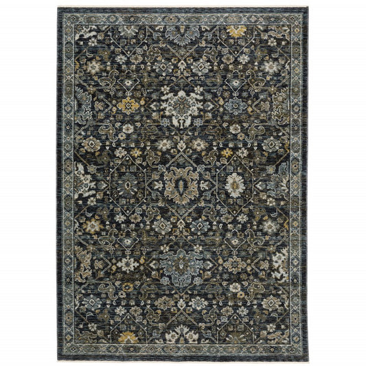 5' X 8' Blue Ivory Grey Gold Green And Brown Oriental Power Loom Stain Resistant Area Rug With Fringe