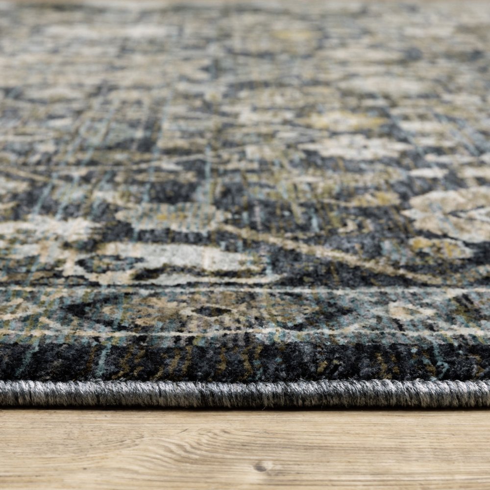 5' X 8' Blue Ivory Grey Gold Green And Brown Oriental Power Loom Stain Resistant Area Rug With Fringe