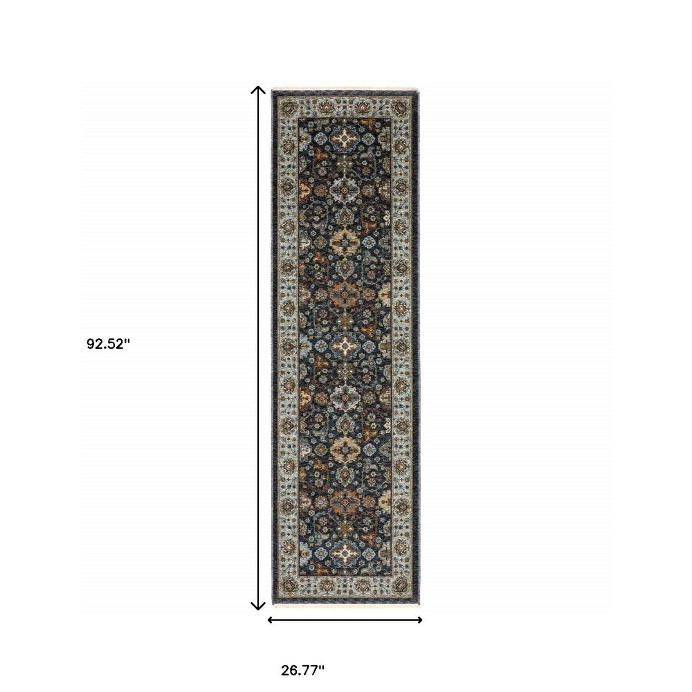3' X 5' Blue Red Beige Yellow Grey Rust And Gold Oriental Power Loom Stain Resistant Area Rug With Fringe