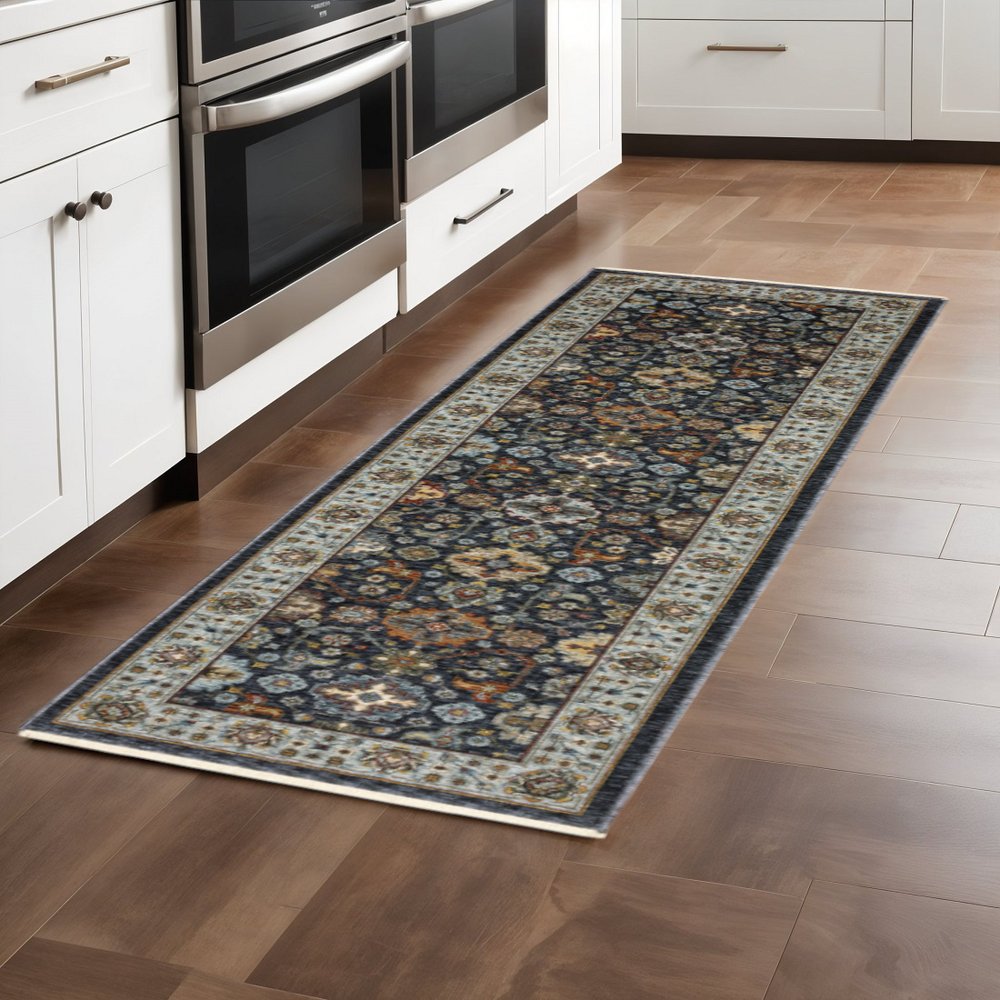 3' X 5' Blue Red Beige Yellow Grey Rust And Gold Oriental Power Loom Stain Resistant Area Rug With Fringe