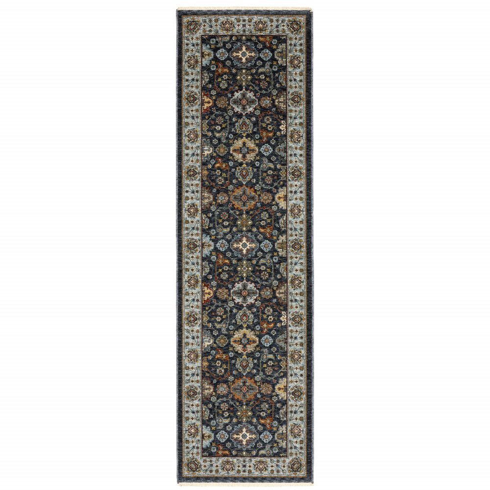 3' X 5' Blue Red Beige Yellow Grey Rust And Gold Oriental Power Loom Stain Resistant Area Rug With Fringe