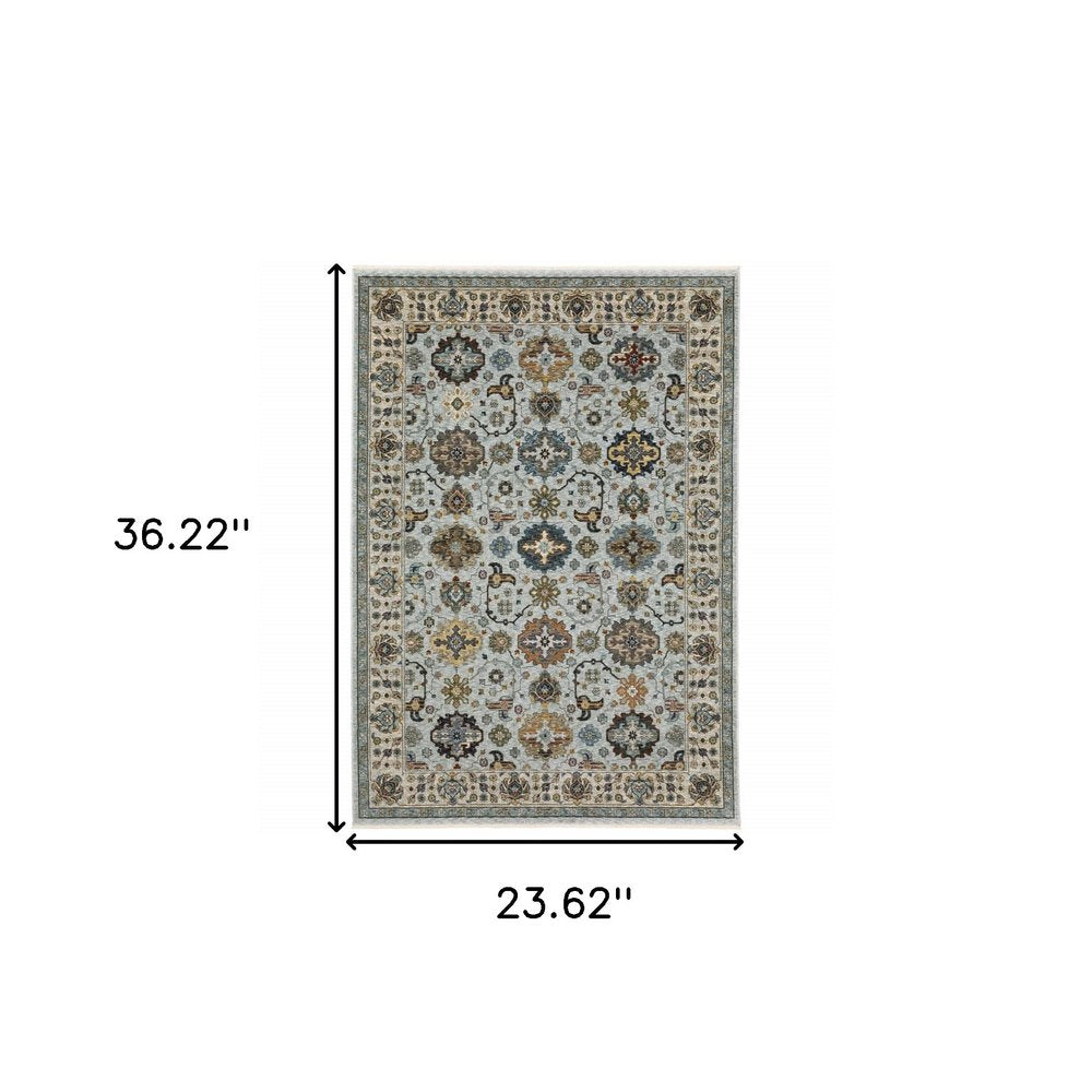 3' X 5' Blue Red Beige Yellow Grey Rust And Gold Oriental Power Loom Stain Resistant Area Rug With Fringe