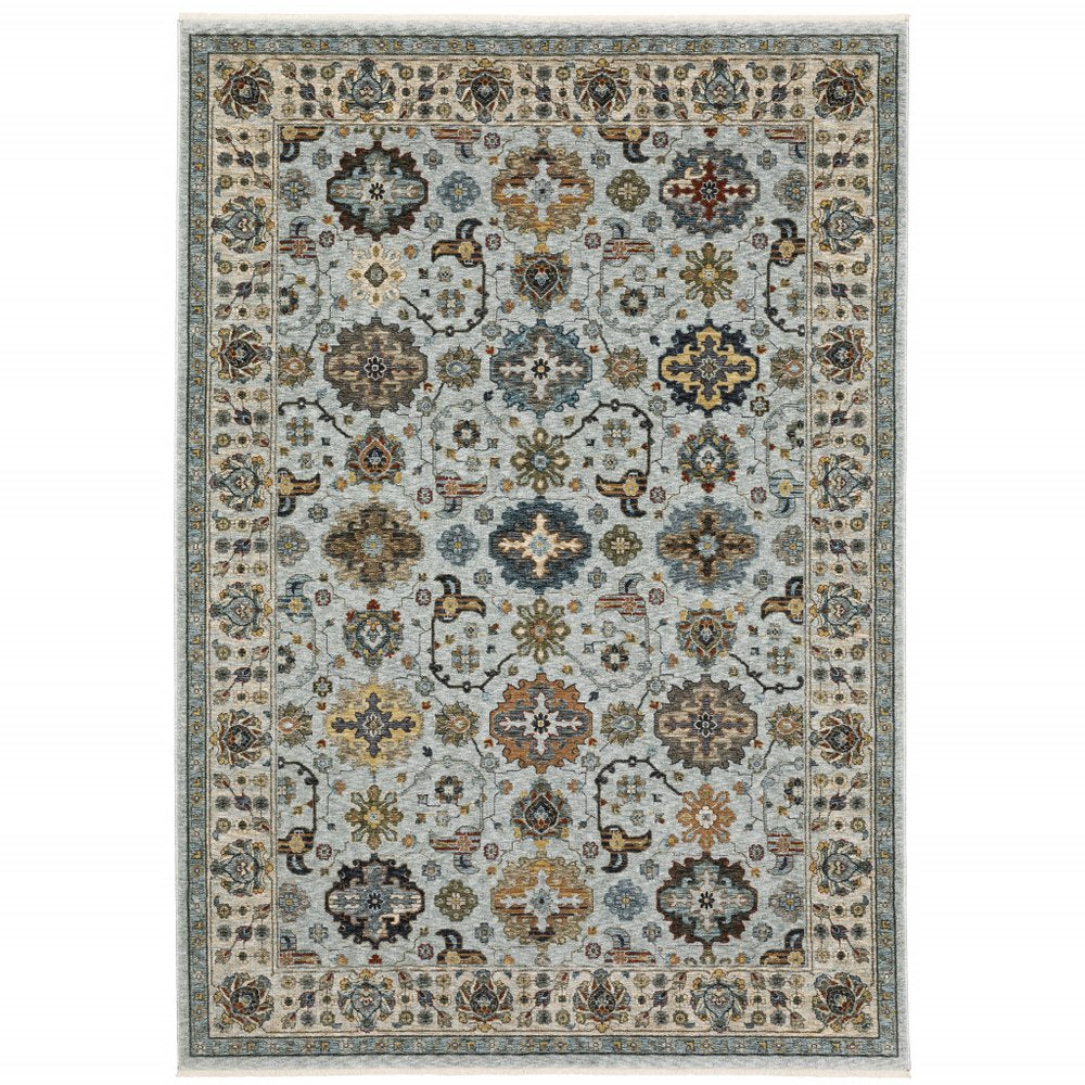 3' X 5' Blue Red Beige Yellow Grey Rust And Gold Oriental Power Loom Stain Resistant Area Rug With Fringe