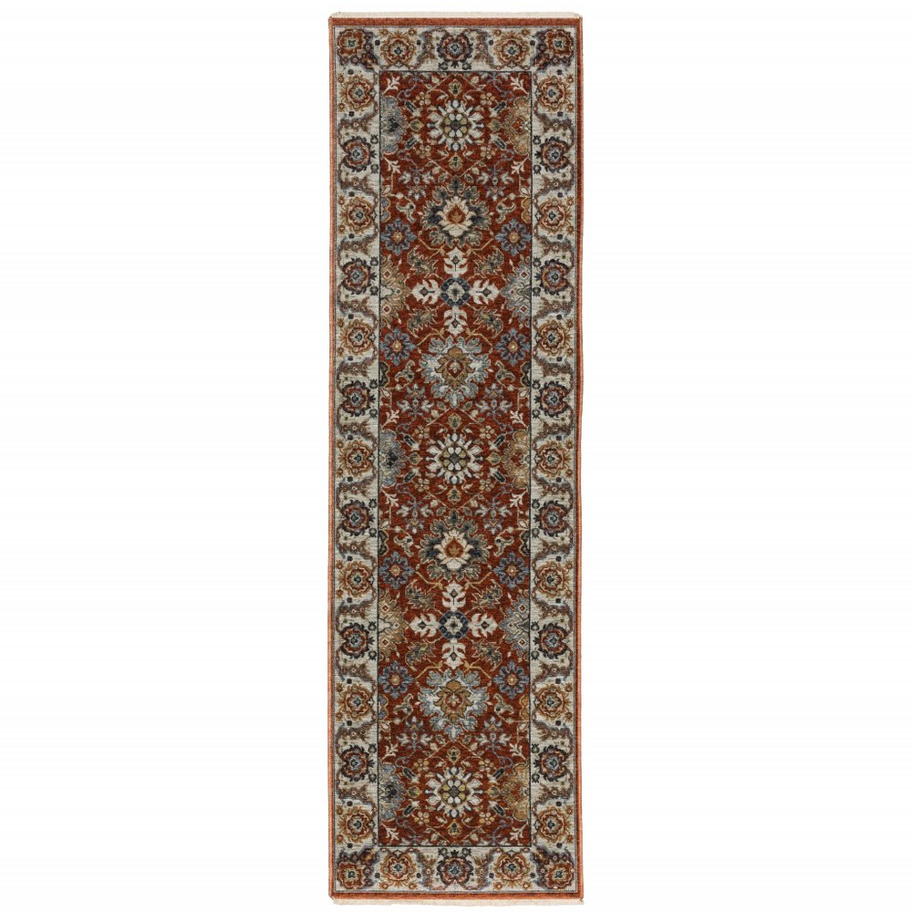2' X 3' Red Blue Ivory Gold And Navy Oriental Power Loom Stain Resistant Area Rug With Fringe