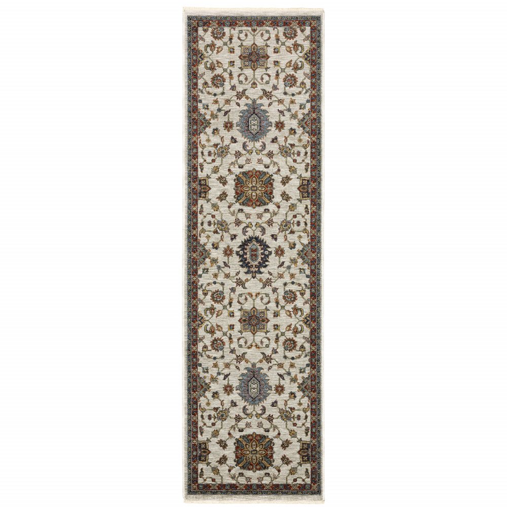 5' X 8' Beige Rust Red Blue Gold And Grey Oriental Power Loom Stain Resistant Area Rug With Fringe