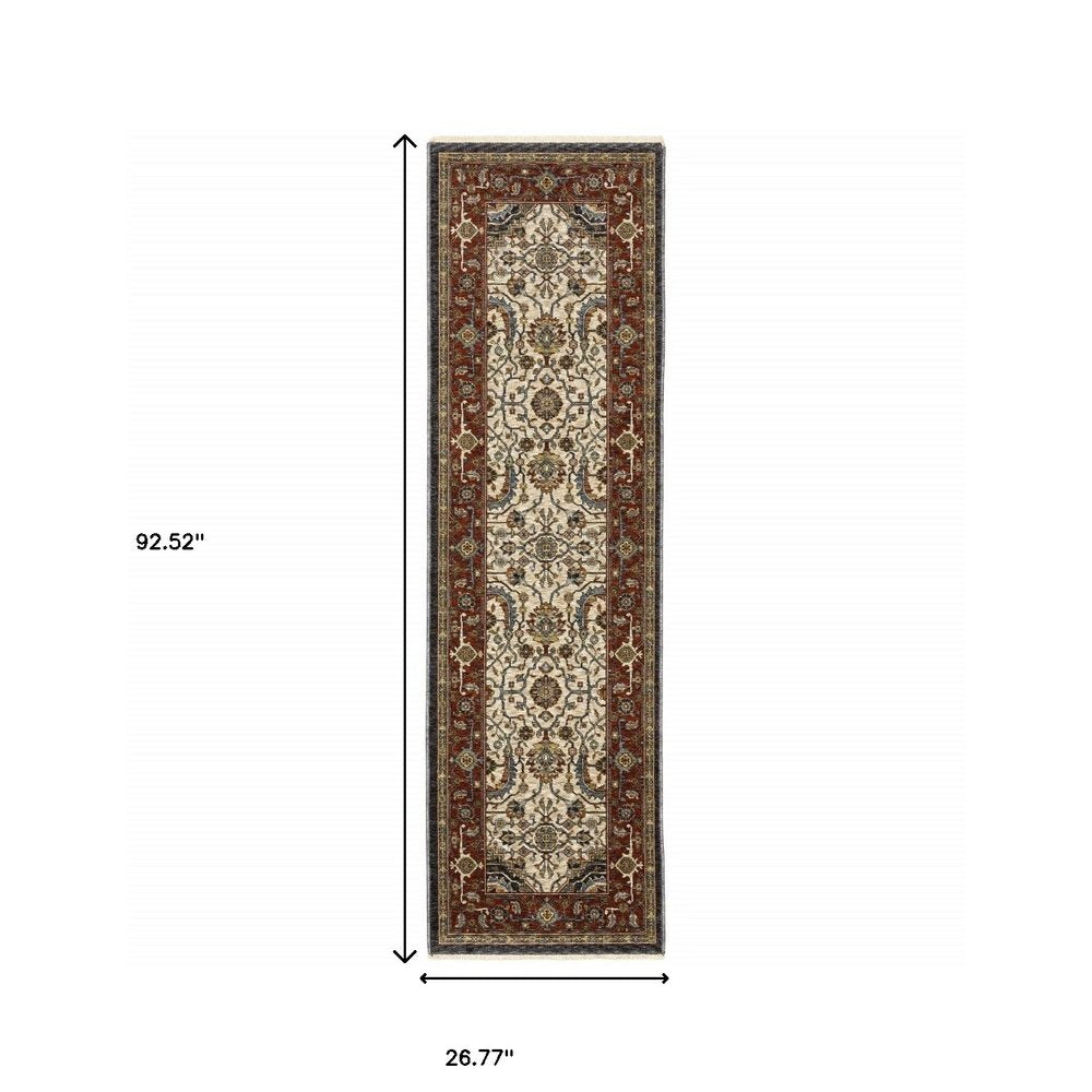 3' X 5' Ivory Beige Red Blue Gold Green And Navy Oriental Power Loom Stain Resistant Area Rug With Fringe