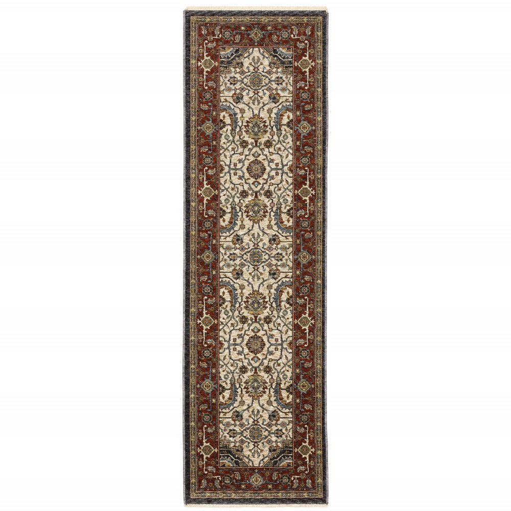 3' X 5' Ivory Beige Red Blue Gold Green And Navy Oriental Power Loom Stain Resistant Area Rug With Fringe