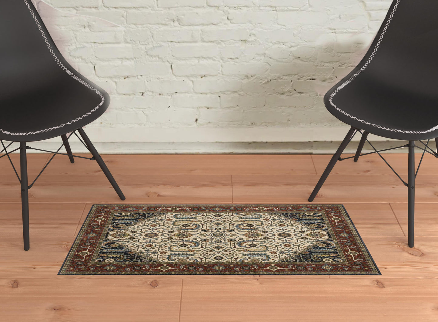 2' X 8' Ivory Beige Red Blue Gold Green And Navy Oriental Power Loom Stain Resistant Runner Rug With Fringe