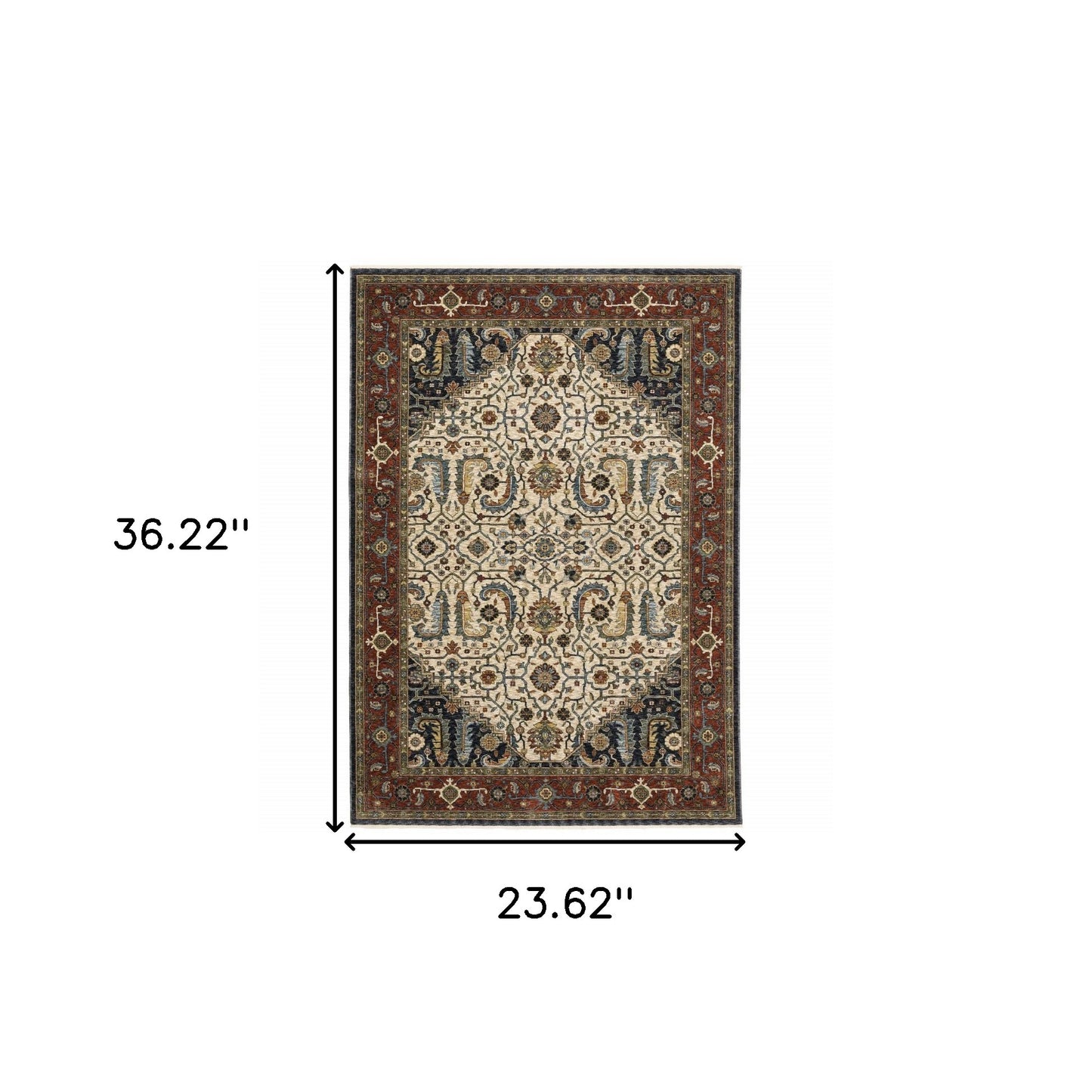 2' X 8' Ivory Beige Red Blue Gold Green And Navy Oriental Power Loom Stain Resistant Runner Rug With Fringe