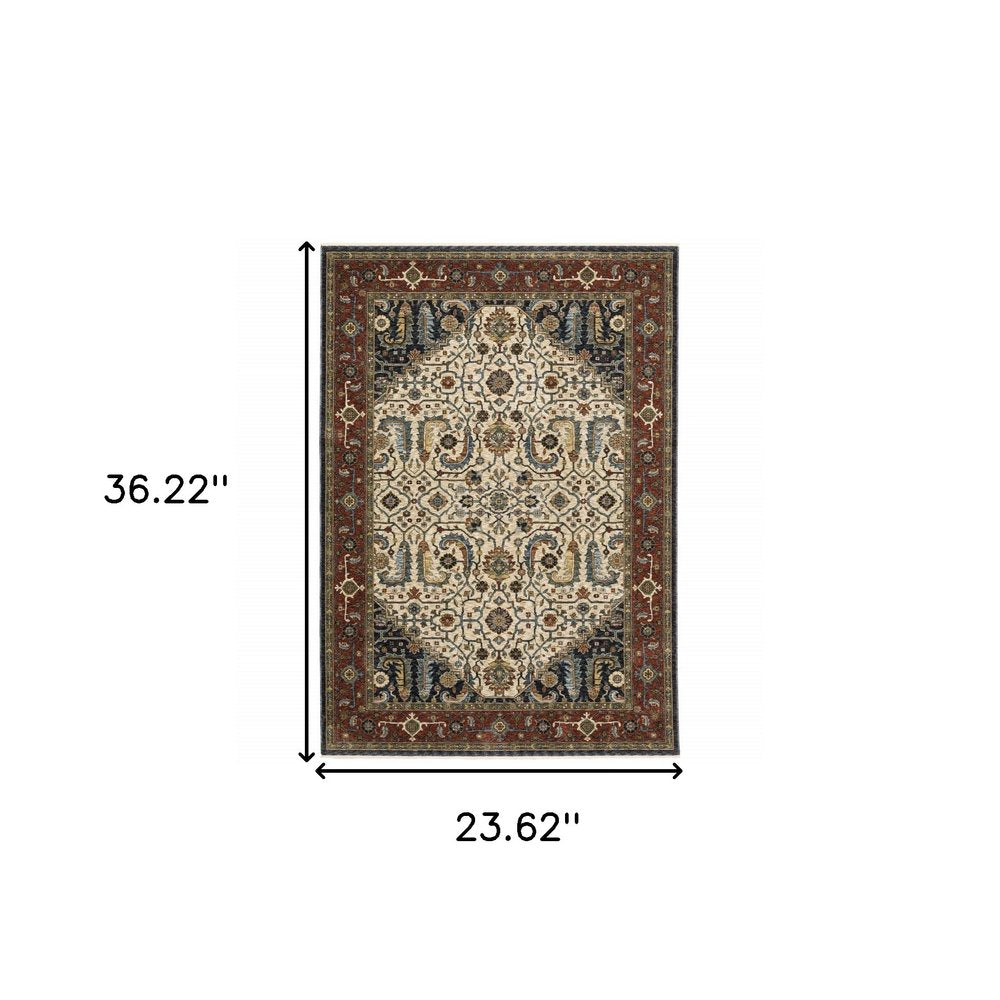 3' X 5' Ivory Beige Red Blue Gold Green And Navy Oriental Power Loom Stain Resistant Area Rug With Fringe