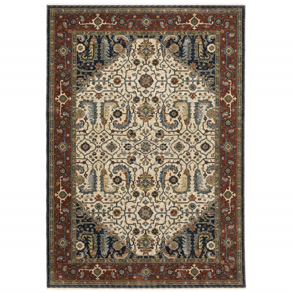 2' X 8' Ivory Beige Red Blue Gold Green And Navy Oriental Power Loom Stain Resistant Runner Rug With Fringe