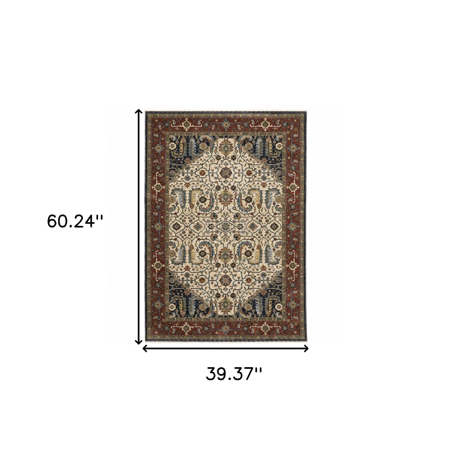 2' X 8' Ivory Beige Red Blue Gold Green And Navy Oriental Power Loom Stain Resistant Runner Rug With Fringe
