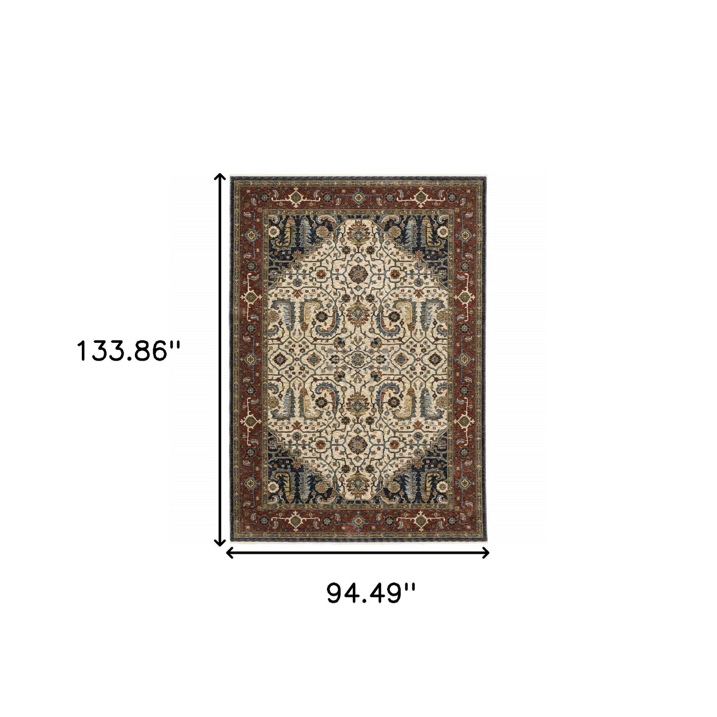 2' X 8' Ivory Beige Red Blue Gold Green And Navy Oriental Power Loom Stain Resistant Runner Rug With Fringe