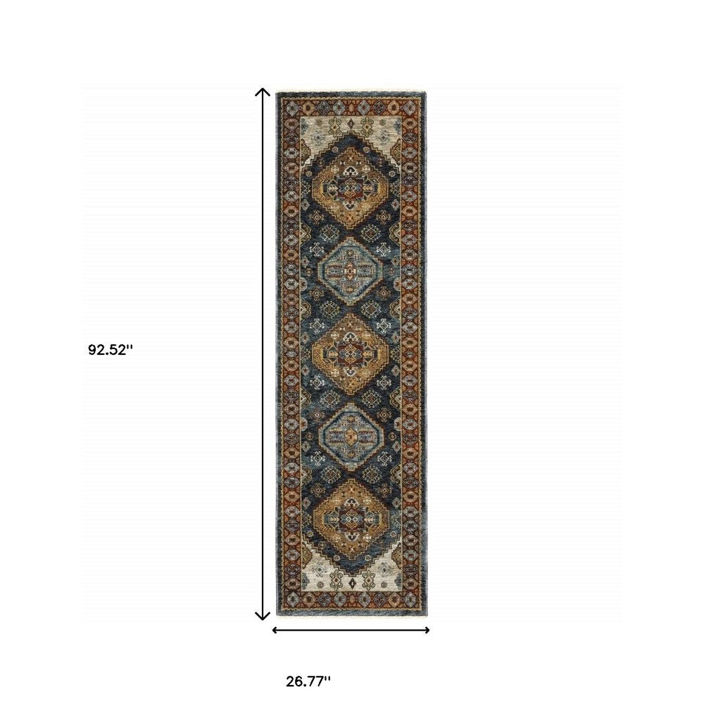 5' X 8' Blue Red Beige Orange Gold And Tan Oriental Power Loom Stain Resistant Area Rug With Fringe