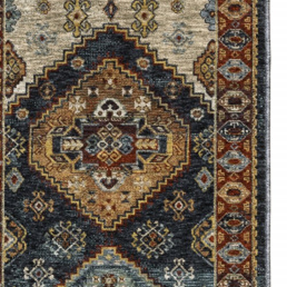 5' X 8' Blue Red Beige Orange Gold And Tan Oriental Power Loom Stain Resistant Area Rug With Fringe