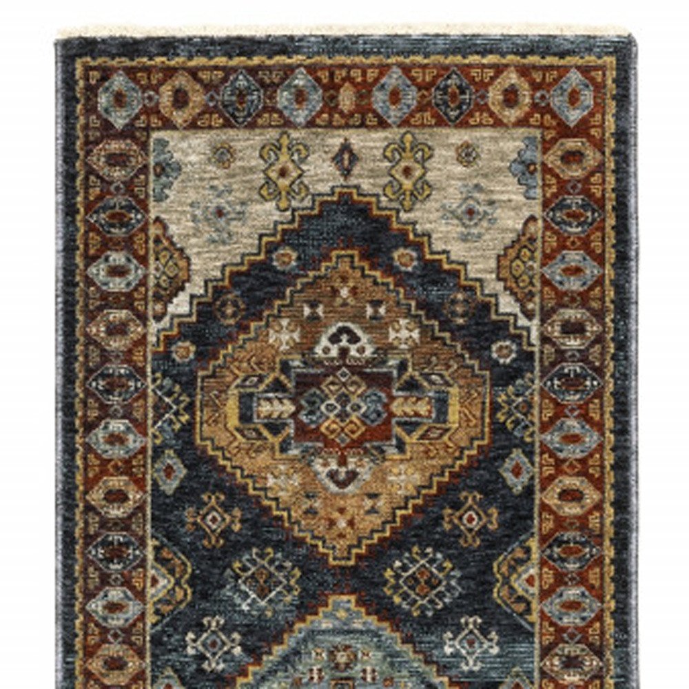 5' X 8' Blue Red Beige Orange Gold And Tan Oriental Power Loom Stain Resistant Area Rug With Fringe