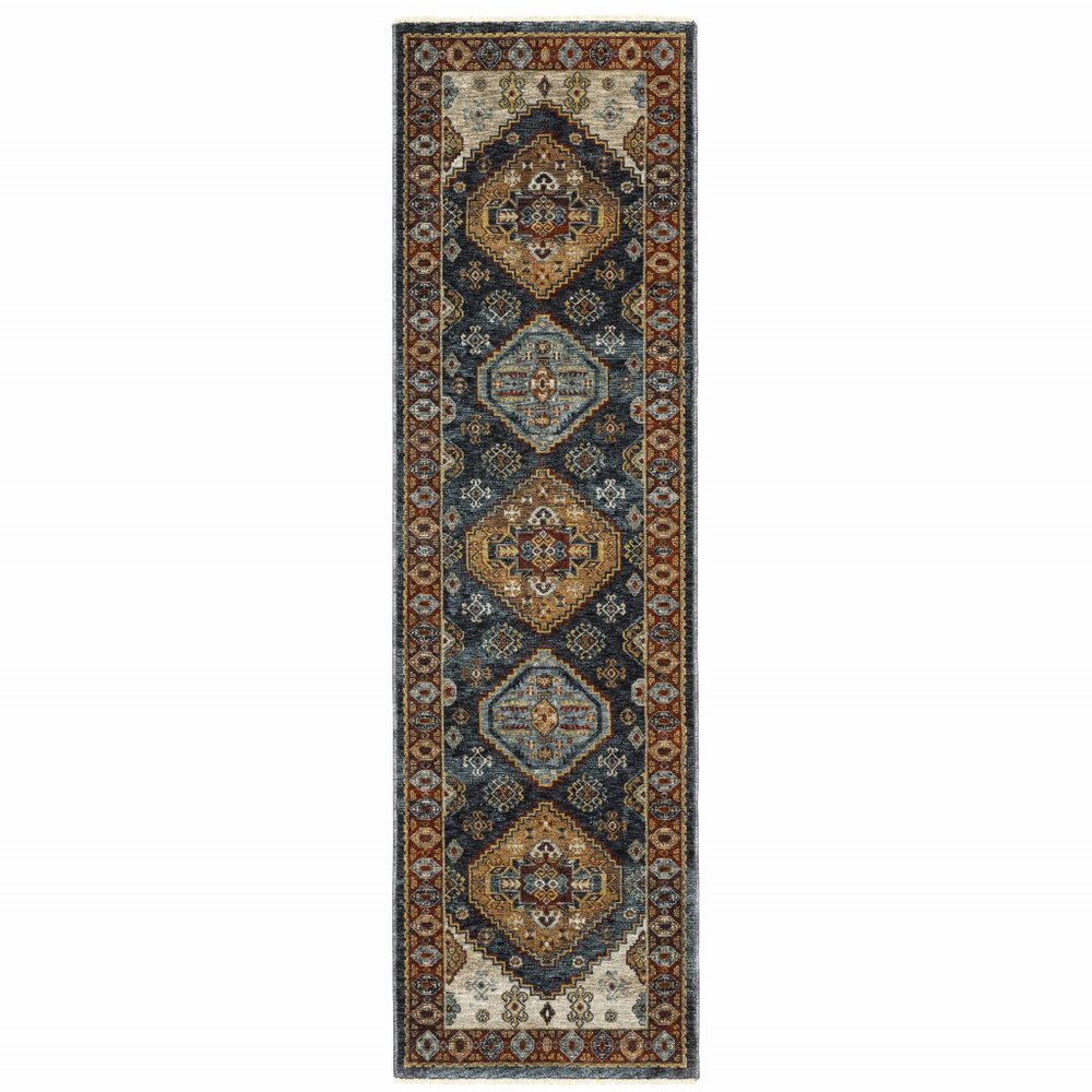 5' X 8' Blue Red Beige Orange Gold And Tan Oriental Power Loom Stain Resistant Area Rug With Fringe