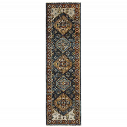 5' X 8' Blue Red Beige Orange Gold And Tan Oriental Power Loom Stain Resistant Area Rug With Fringe
