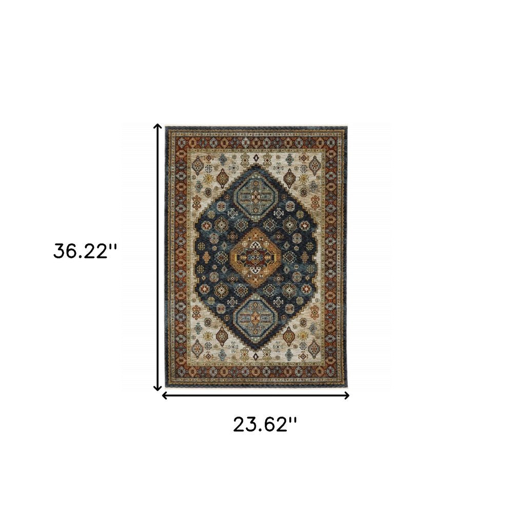 5' X 8' Blue Red Beige Orange Gold And Tan Oriental Power Loom Stain Resistant Area Rug With Fringe