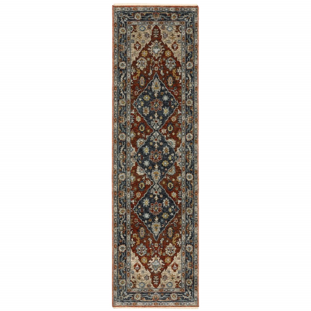 2' X 8' Blue Beige Tan Brown Gold And Rust Red Oriental Power Loom Stain Resistant Runner Rug With Fringe