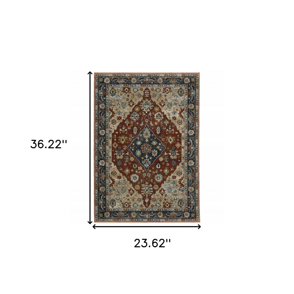 2' X 8' Blue Beige Tan Brown Gold And Rust Red Oriental Power Loom Stain Resistant Runner Rug With Fringe