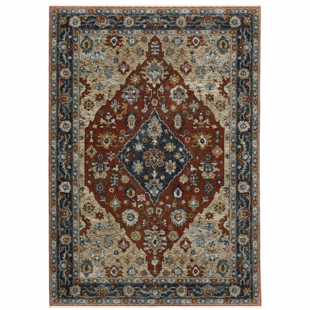 2' X 8' Blue Beige Tan Brown Gold And Rust Red Oriental Power Loom Stain Resistant Runner Rug With Fringe