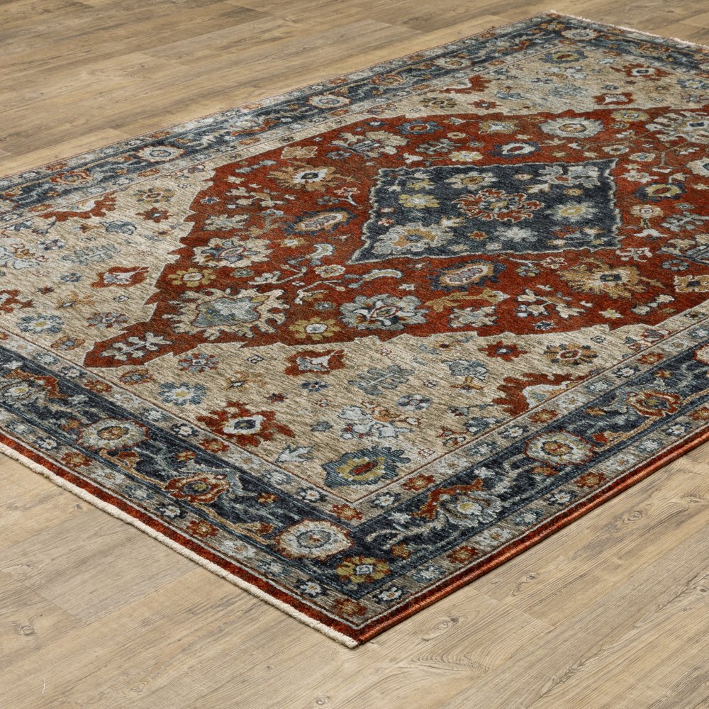 2' X 8' Blue Beige Tan Brown Gold And Rust Red Oriental Power Loom Stain Resistant Runner Rug With Fringe