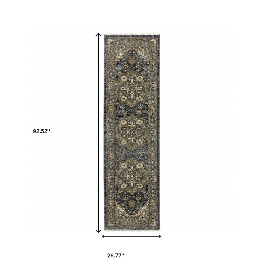 8' Blue and Green Oriental Power Loom Runner Rug