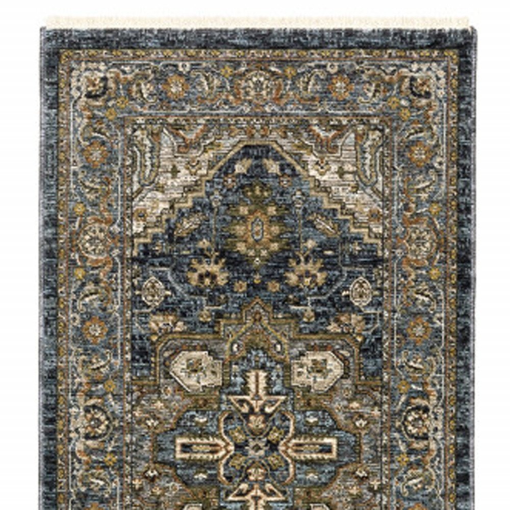 8' Blue and Green Oriental Power Loom Runner Rug
