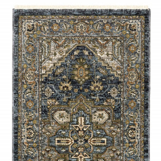 8' Blue and Green Oriental Power Loom Runner Rug