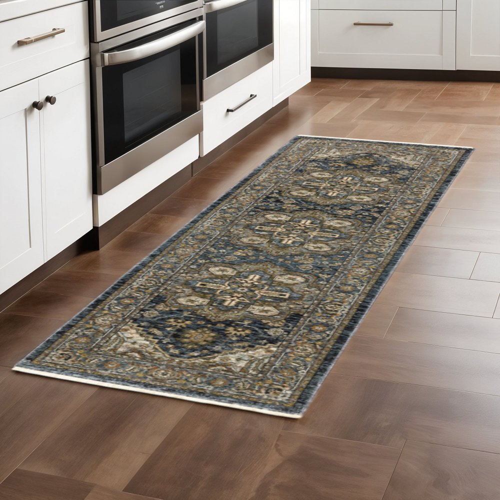 8' Blue and Green Oriental Power Loom Runner Rug