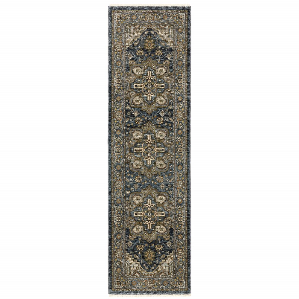 8' Blue and Green Oriental Power Loom Runner Rug