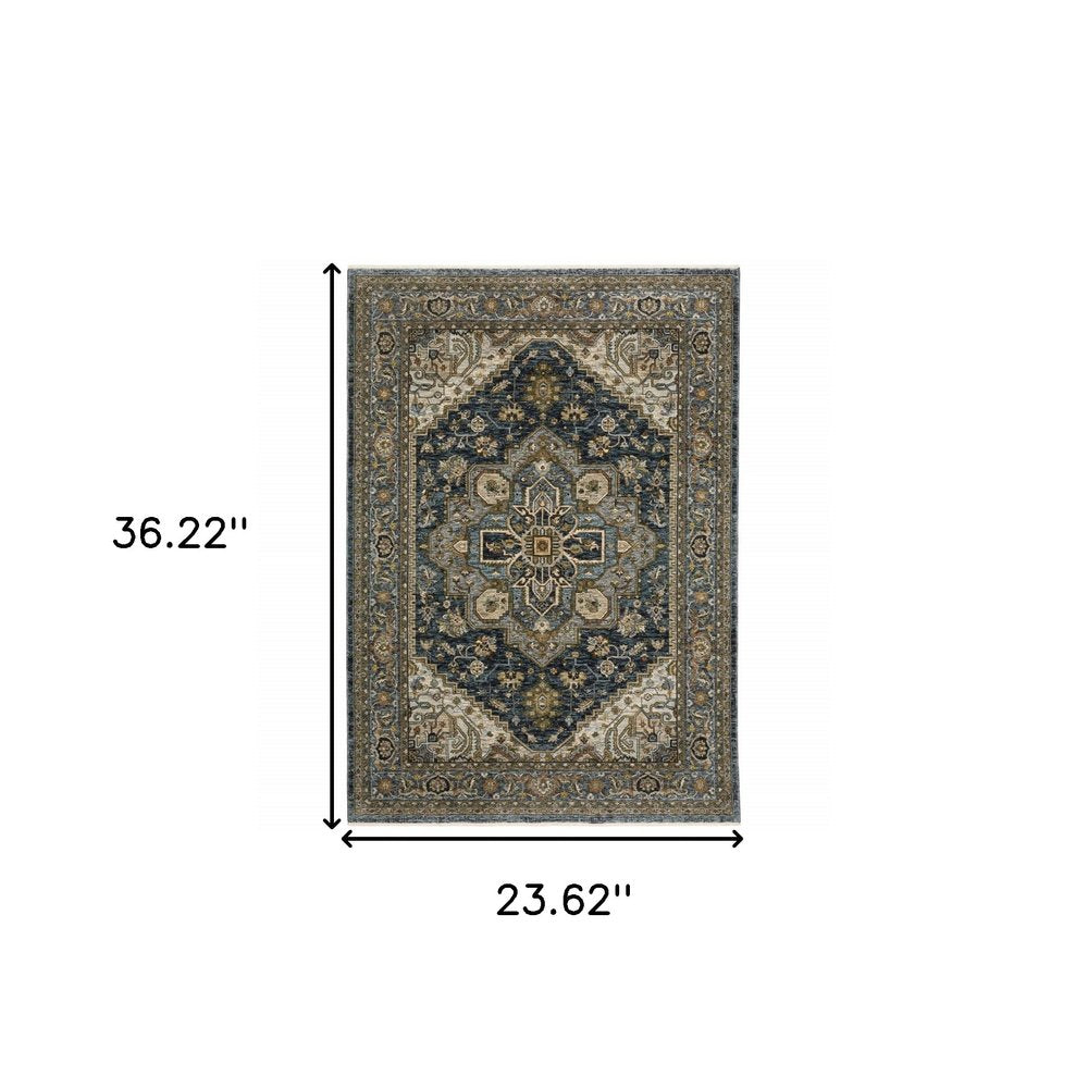 8' Blue and Green Oriental Power Loom Runner Rug