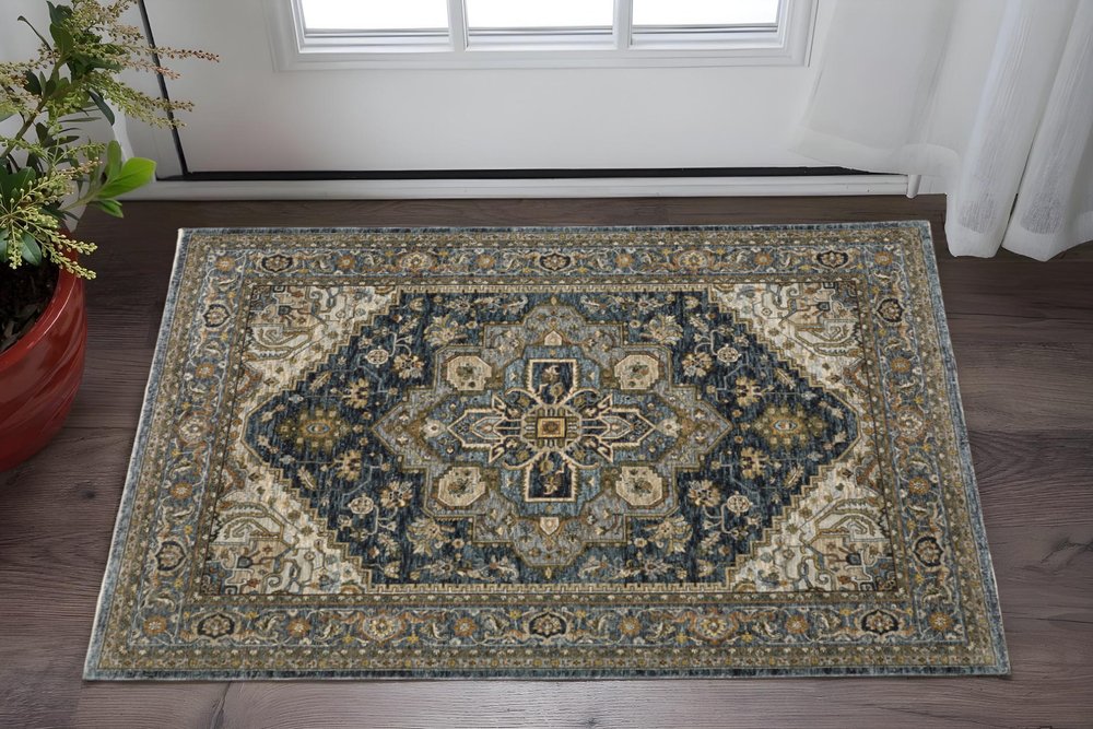 8' Blue and Green Oriental Power Loom Runner Rug