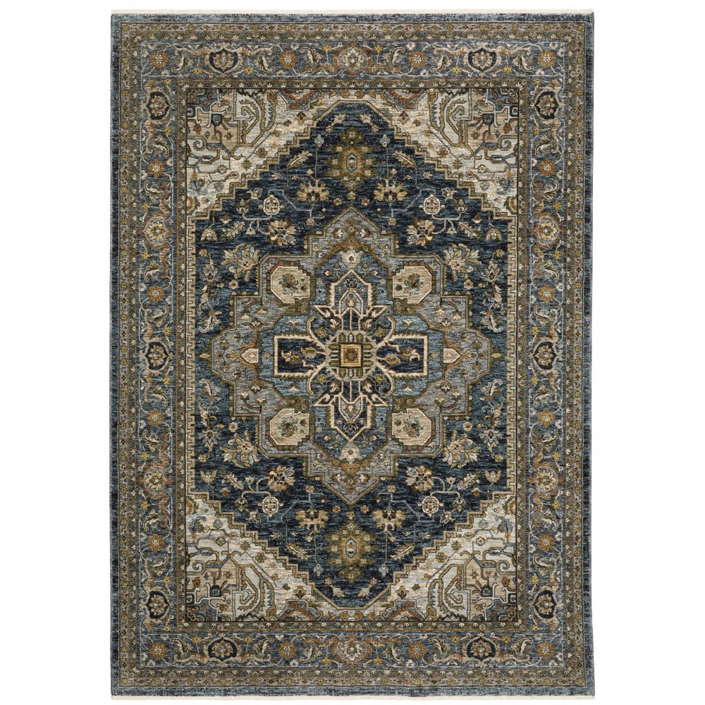 8' Blue and Green Oriental Power Loom Runner Rug
