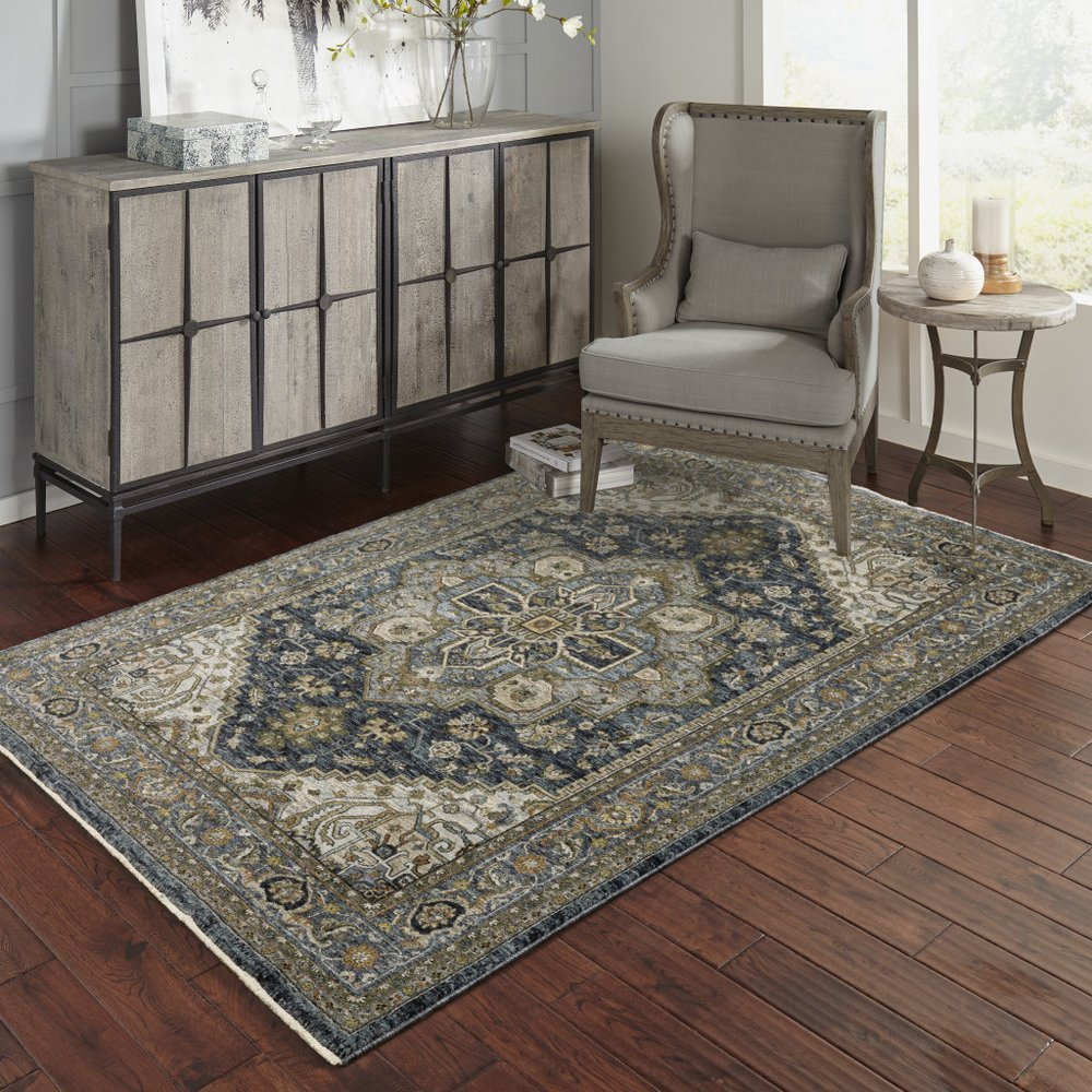 8' Blue and Green Oriental Power Loom Runner Rug
