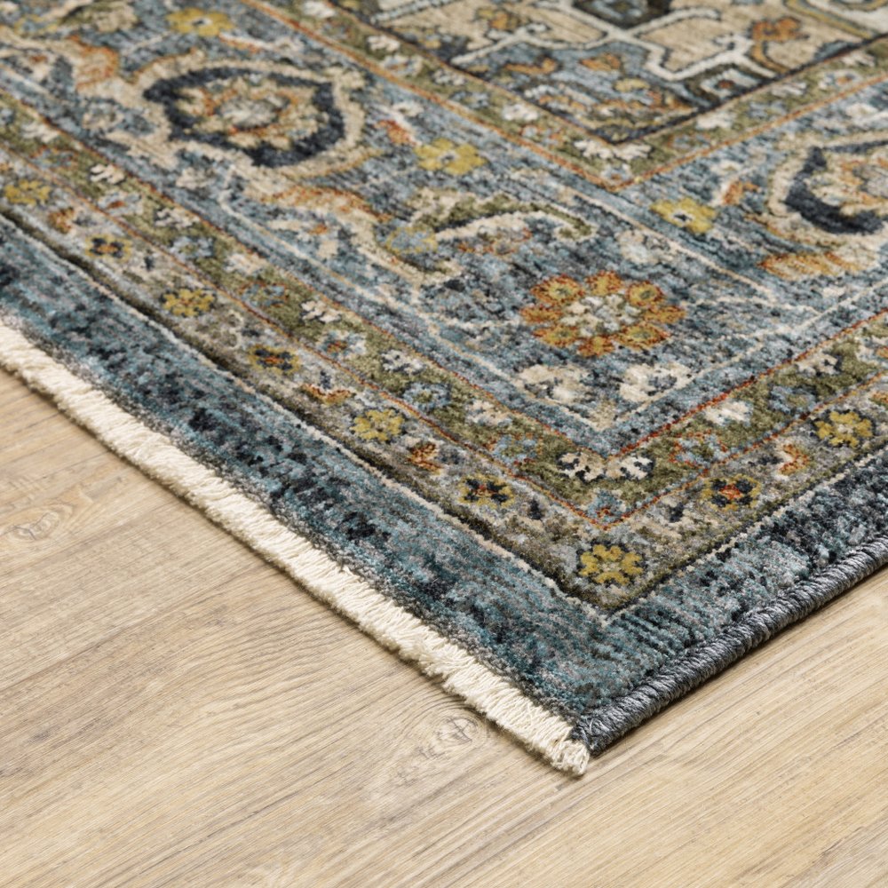 8' Blue and Green Oriental Power Loom Runner Rug