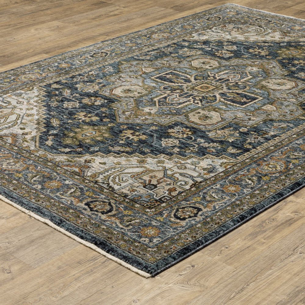 8' Blue and Green Oriental Power Loom Runner Rug