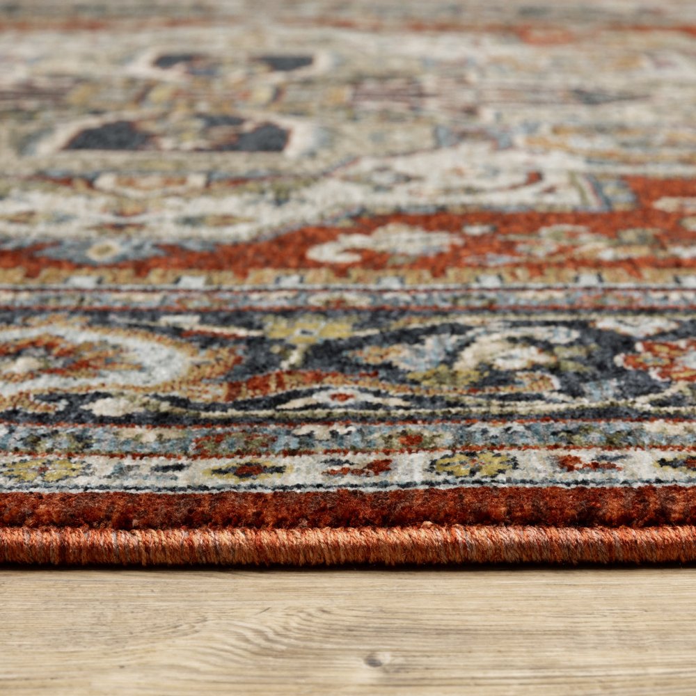 8' X 11' Red And Blue Oriental Area Rug With Fringe