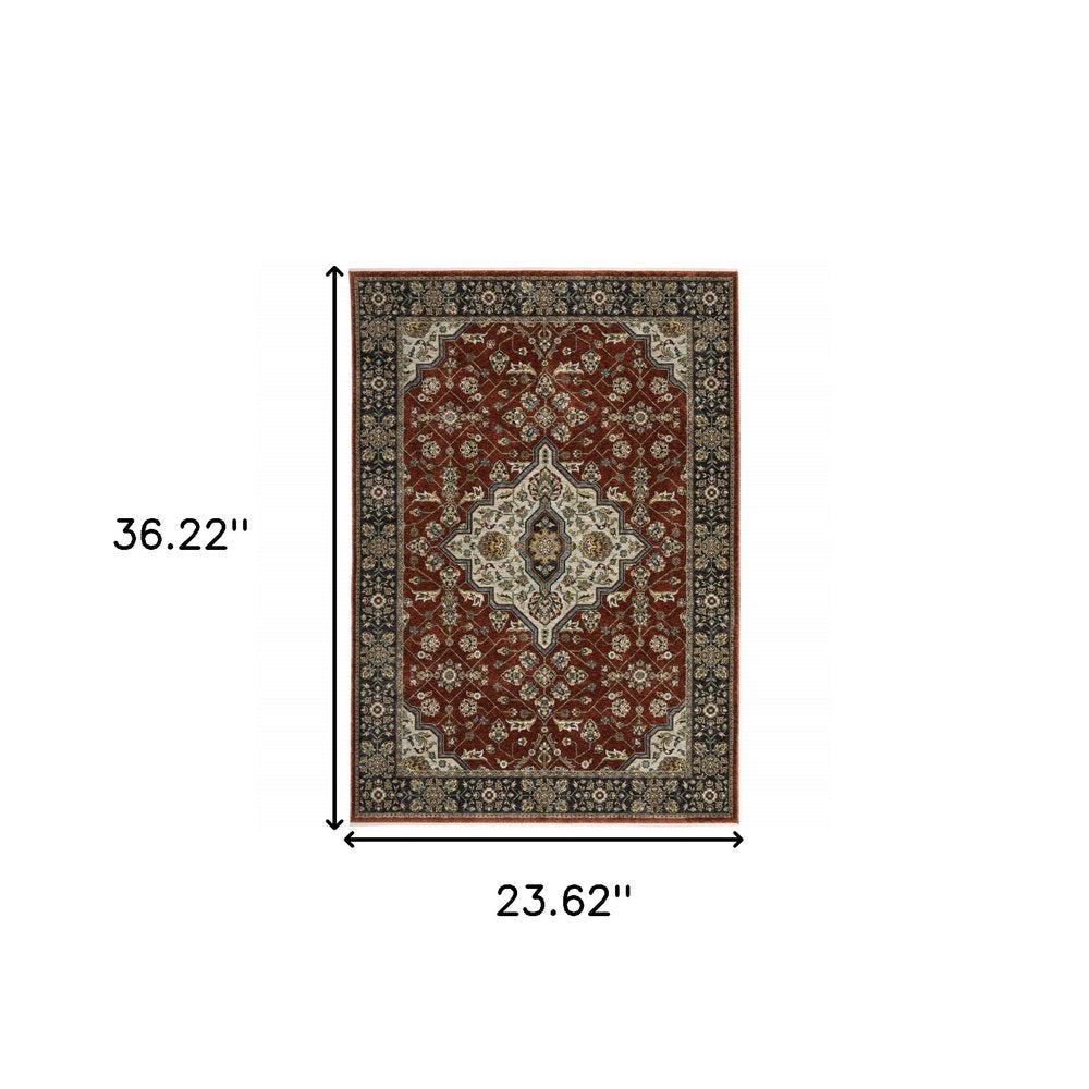 2' X 8' Red Ivory Blue Navy Gold And Grey Oriental Power Loom Stain Resistant Runner Rug With Fringe