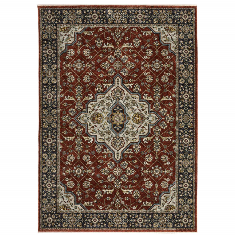 2' X 8' Red Ivory Blue Navy Gold And Grey Oriental Power Loom Stain Resistant Runner Rug With Fringe