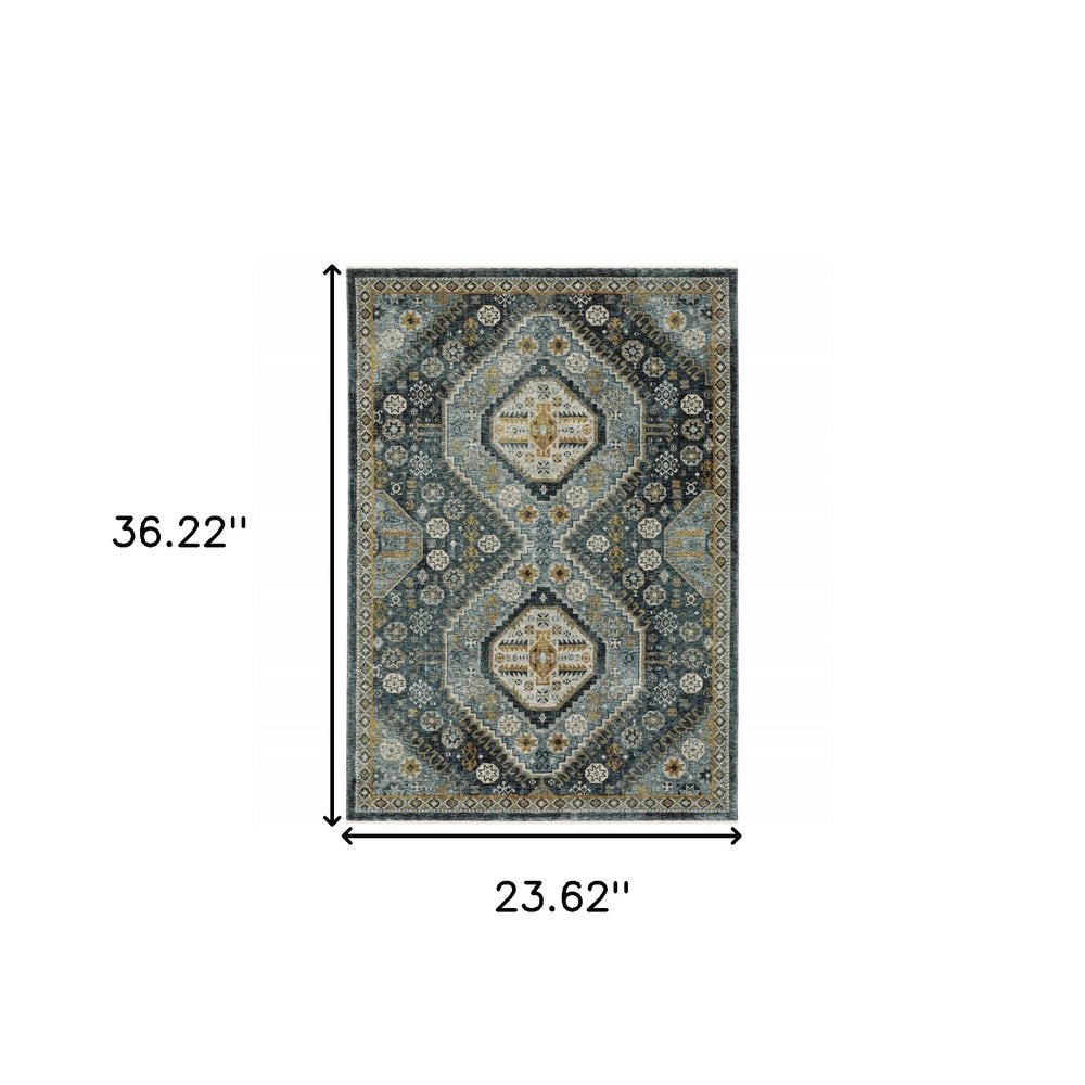 2' X 8' Blue Gold Ivory And Navy Oriental Power Loom Stain Resistant Runner Rug With Fringe